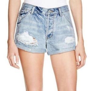 Red Denim Rolled Distressed Jean Shorts